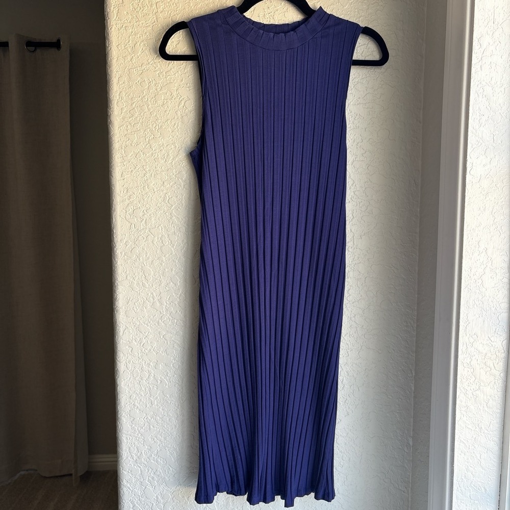 Eileen Fisher Womens XS Midi Dress Ribbed Mock Neck Purple Blue Sleeveless
